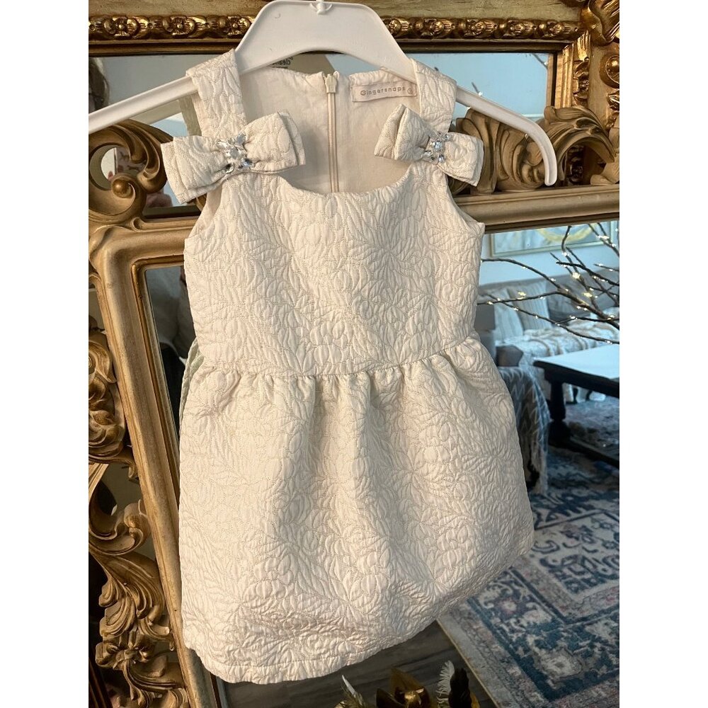 Gingersnap Toddler Cotton Brocade Lined Bow Dress SZ  2 Ivory & Gold Thread Inla